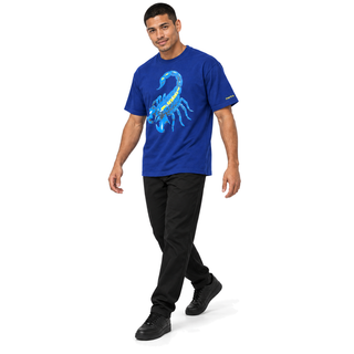 Scorpius Graphic Cotton T-Shirt in blue, full-body model in a natural fashion pose on white