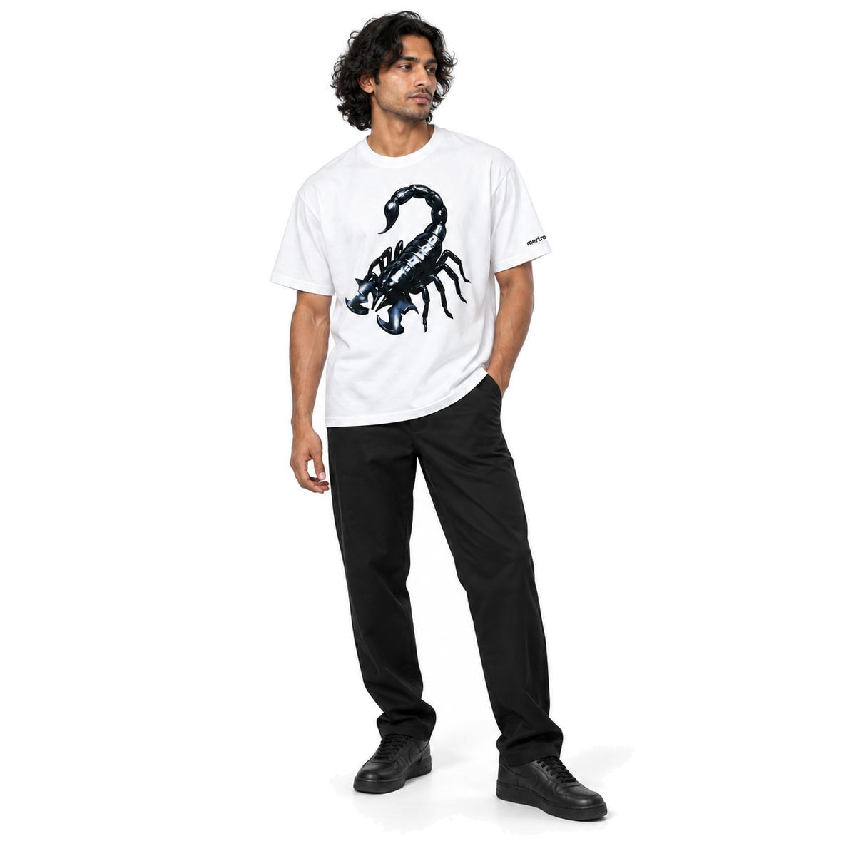 Scorpius Graphic Cotton T-Shirt in white, full-body model in a natural fashion pose on white