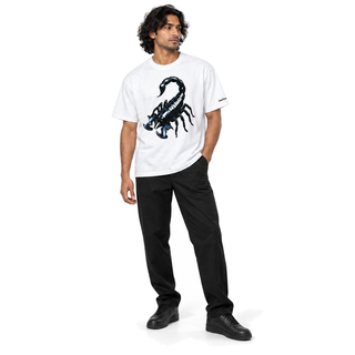 Scorpius Graphic Cotton T-Shirt in white, full-body model in a natural fashion pose on white