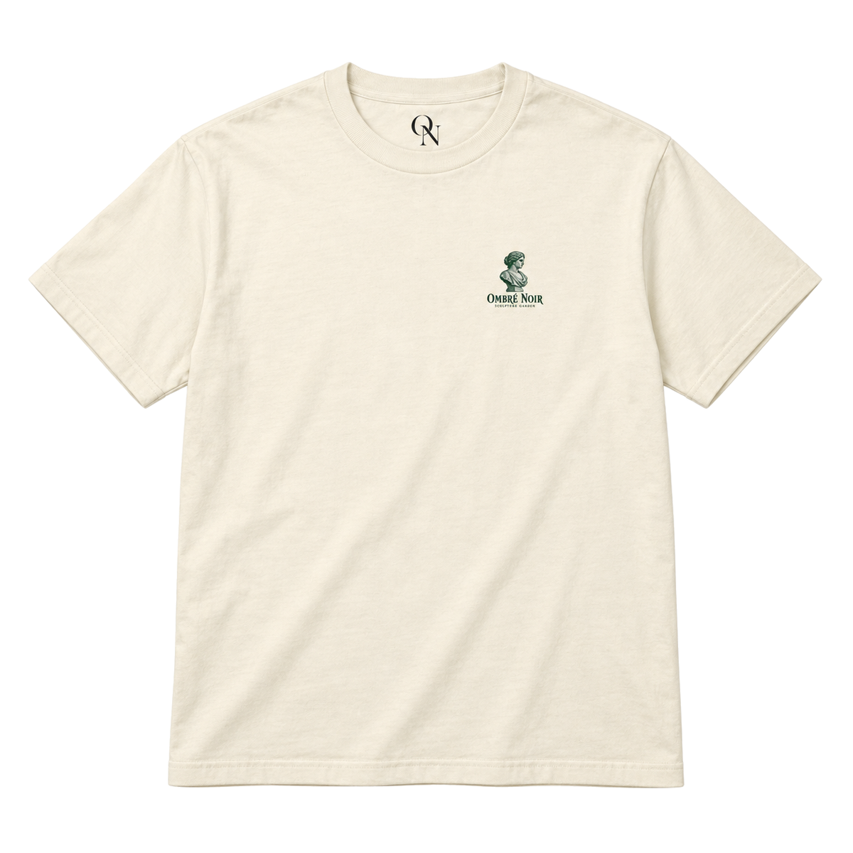 The Sculpture Garden Graphic Tee in Faded Cream, flat front view with small green classical bust