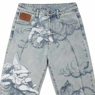 Seraph Wide-Leg Jeans — Sky Blue, waistband, front pocket and cherub-print close-up