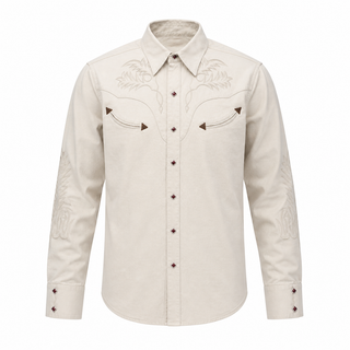 Sonora cream cotton Western shirt with tonal embroidery and red snaps, front view