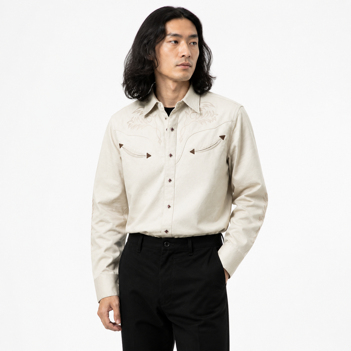 Model wearing the Sonora cream embroidered Western shirt