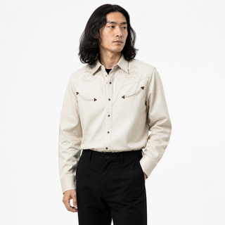Model wearing the Sonora cream embroidered Western shirt