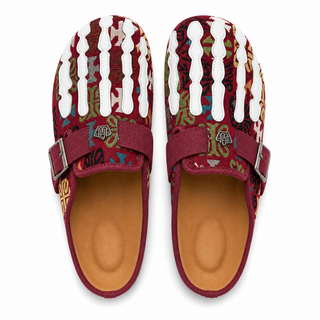 Talisman Crimson tapestry mule pair, overhead studio view