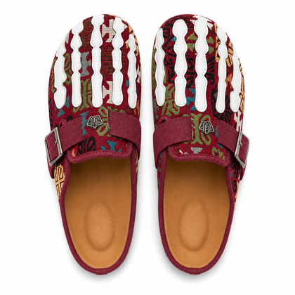 Talisman Crimson tapestry mule pair, overhead studio view