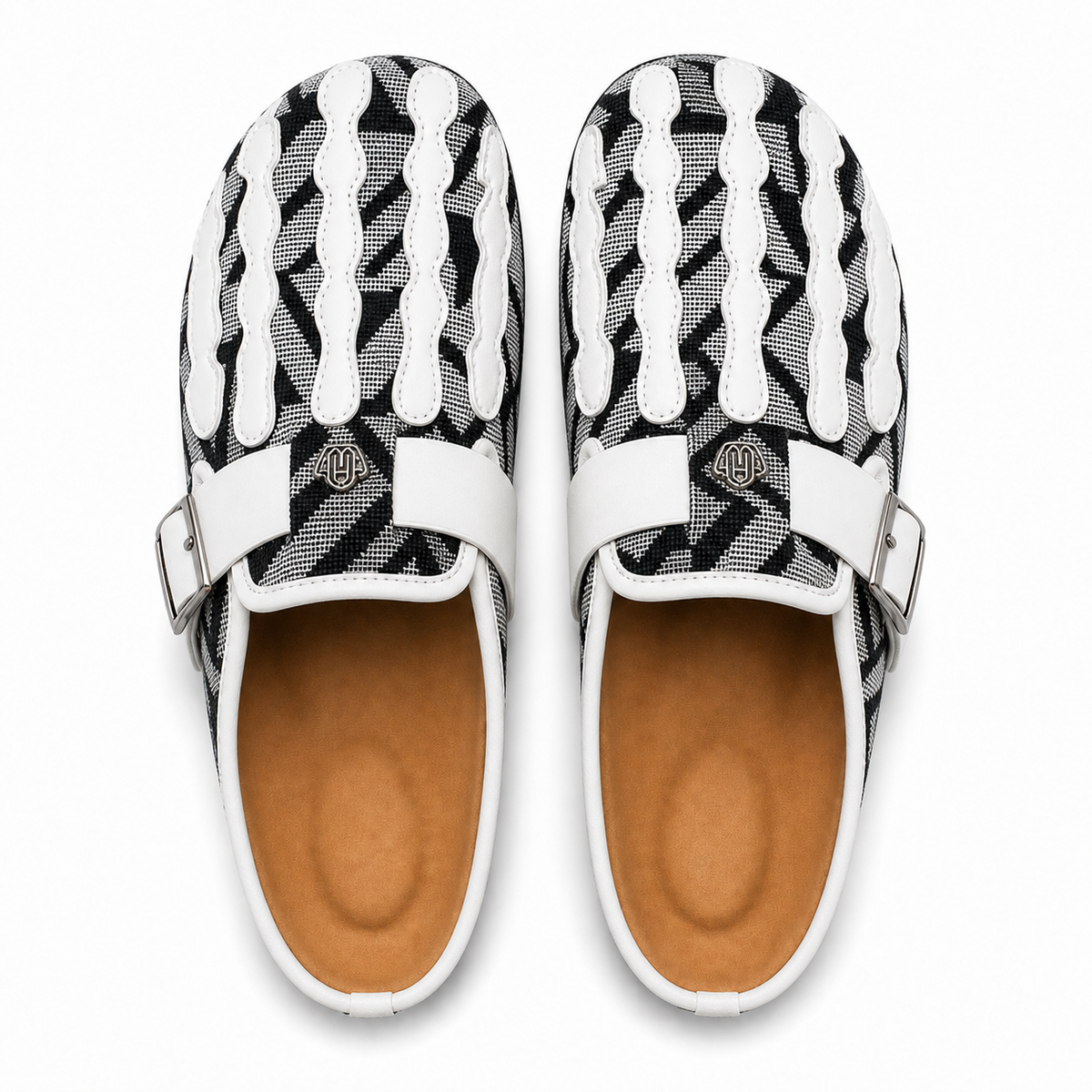 Talisman Noir tapestry mule pair, overhead studio view