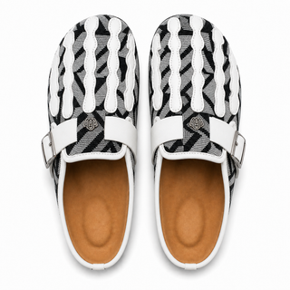 Talisman Noir tapestry mule pair, overhead studio view
