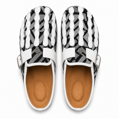 Talisman Noir tapestry mule pair, overhead studio view