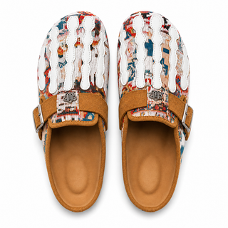 Talisman Sand tapestry mule pair, overhead studio view