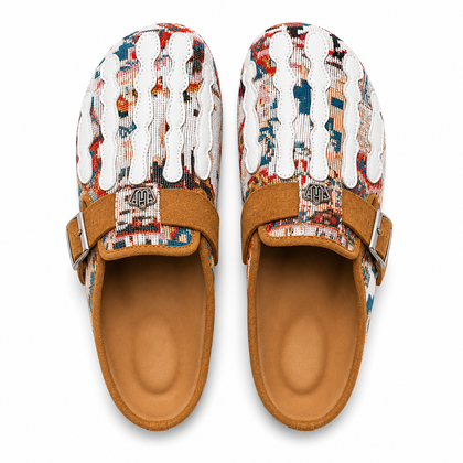 Talisman Sand tapestry mule pair, overhead studio view