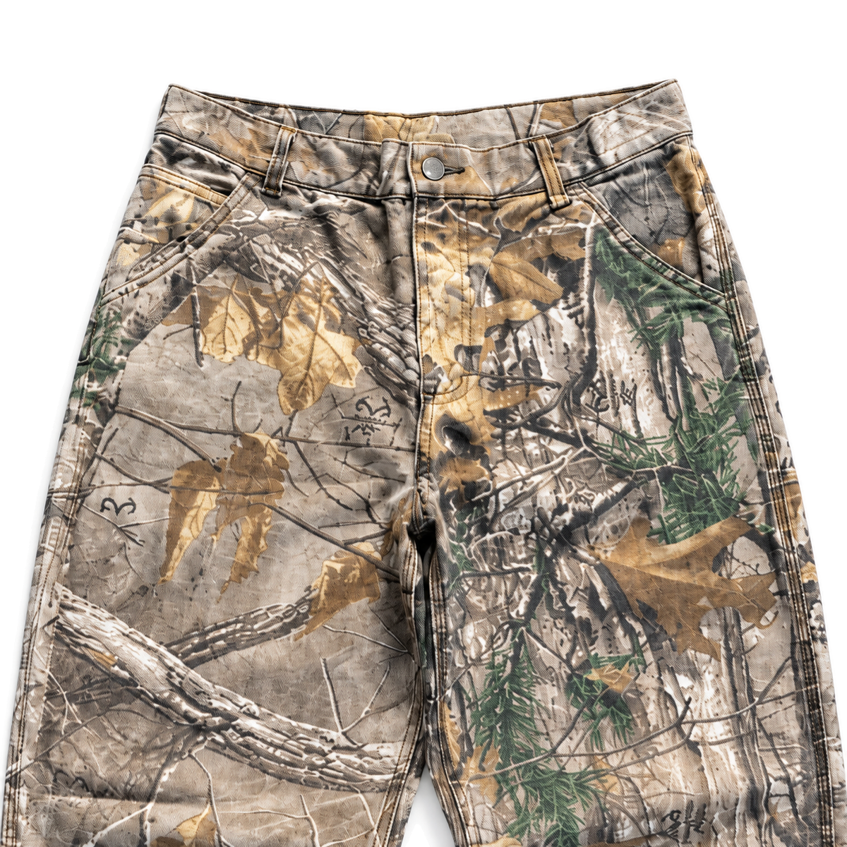 Underbrush Camo Wide-Leg Trousers in woodland camo, fabric and construction detail on white