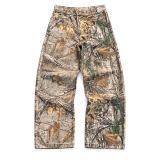 Underbrush Camo Wide-Leg Trousers in woodland camo, front view on white
