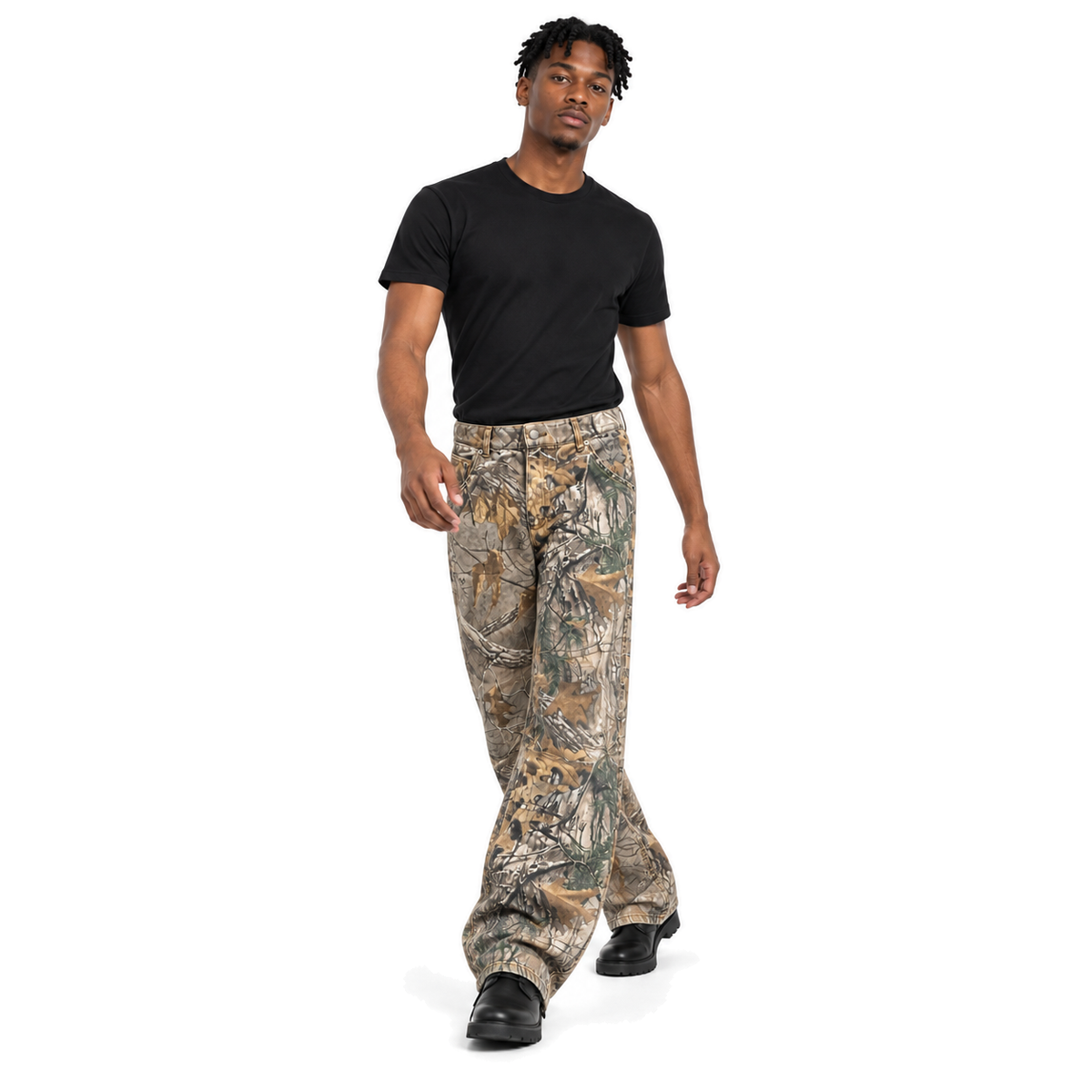 Underbrush Camo Wide-Leg Trousers in woodland camo, full-body model in a natural fashion pose on white