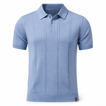 Vesper Azure sea-blue ribbed short-sleeve polo with open collar, front view