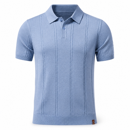 Vesper Azure sea-blue ribbed short-sleeve polo with open collar, front view
