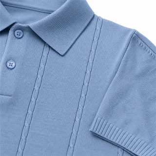 Close-up of Vesper Azure sea-blue ribbed knit and open polo collar