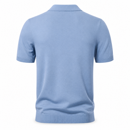 Back view of Vesper Azure sea-blue ribbed short-sleeve polo