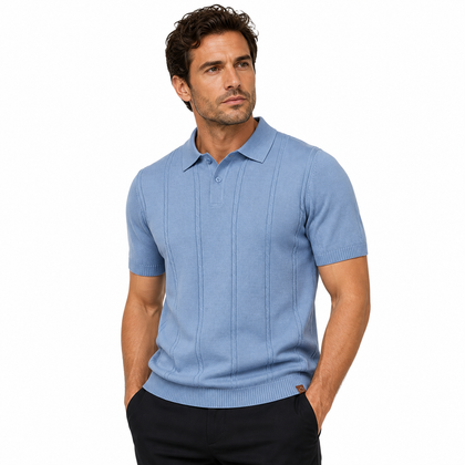 Model wearing the Vesper Azure sea-blue ribbed polo
