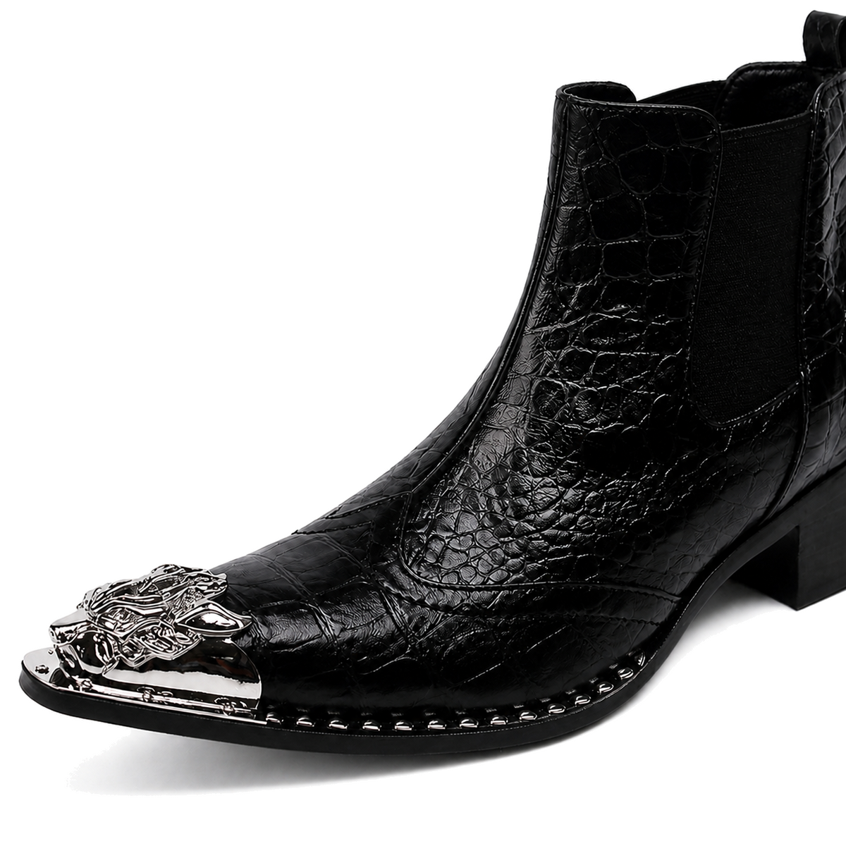 Vesper Boots silver toe hardware and crocodile texture detail