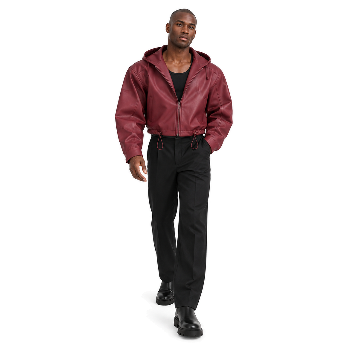 Vesper Cropped Hooded Jacket — burgundy full-body model view
