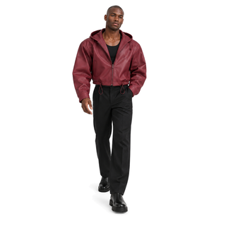 Vesper Cropped Hooded Jacket — burgundy full-body model view