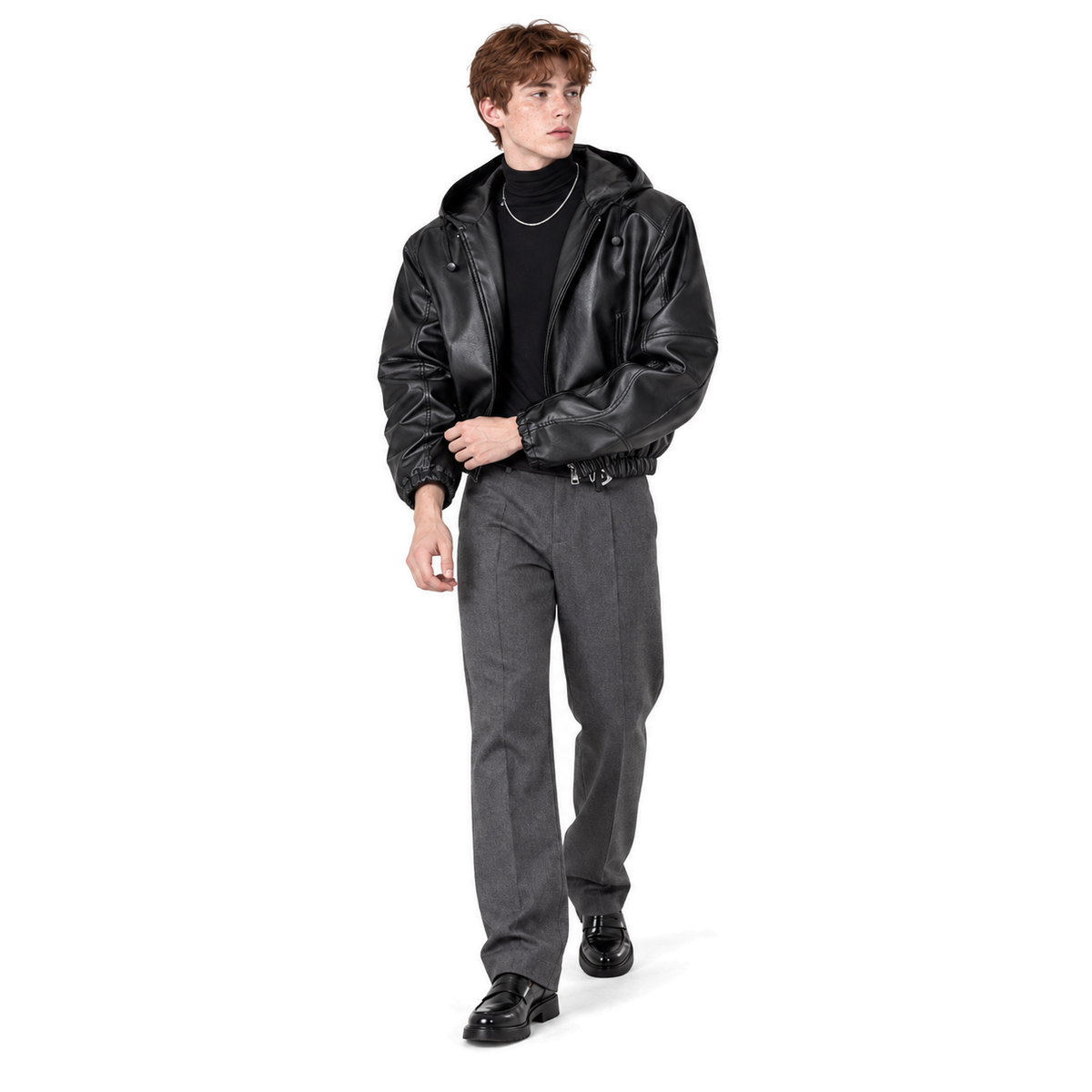 Vesper Cropped Hooded Jacket — black full-body model view