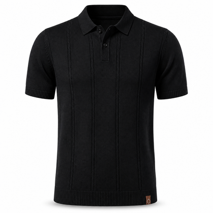 Vesper Noir black ribbed short-sleeve polo with open collar, front view