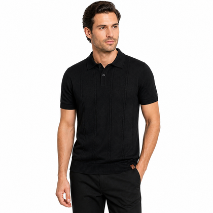 Model wearing the Vesper Noir black ribbed polo