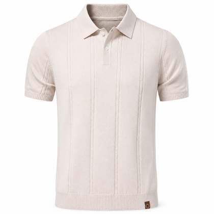 Vesper Sand ribbed short-sleeve polo with open collar, front view