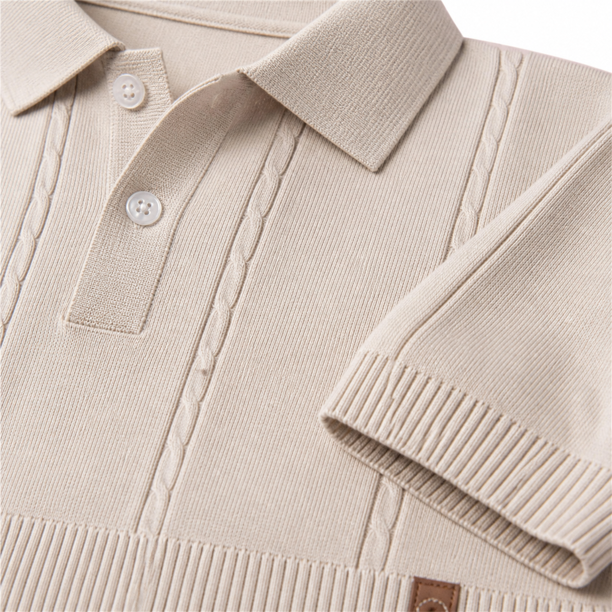Close-up of Vesper Sand ribbed knit and open polo collar
