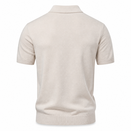 Back view of Vesper Sand ribbed short-sleeve polo