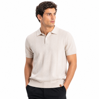 Model wearing the Vesper Sand ribbed polo