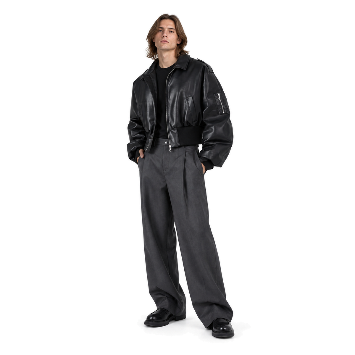 Volte Cropped Faux-Leather Bomber — black full-body model view