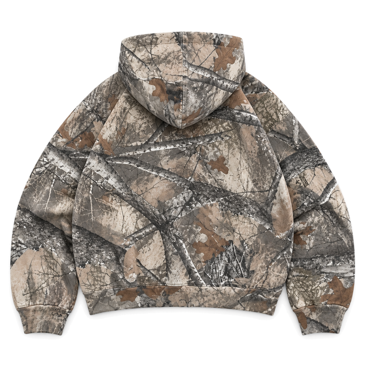 Underbrush Camo Zip Hoodie in woodland camo, back view on white