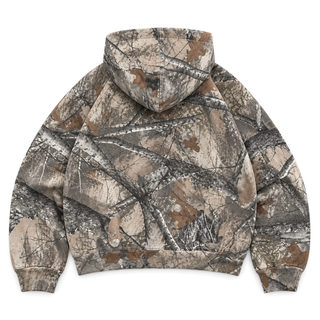 Underbrush Camo Zip Hoodie in woodland camo, back view on white