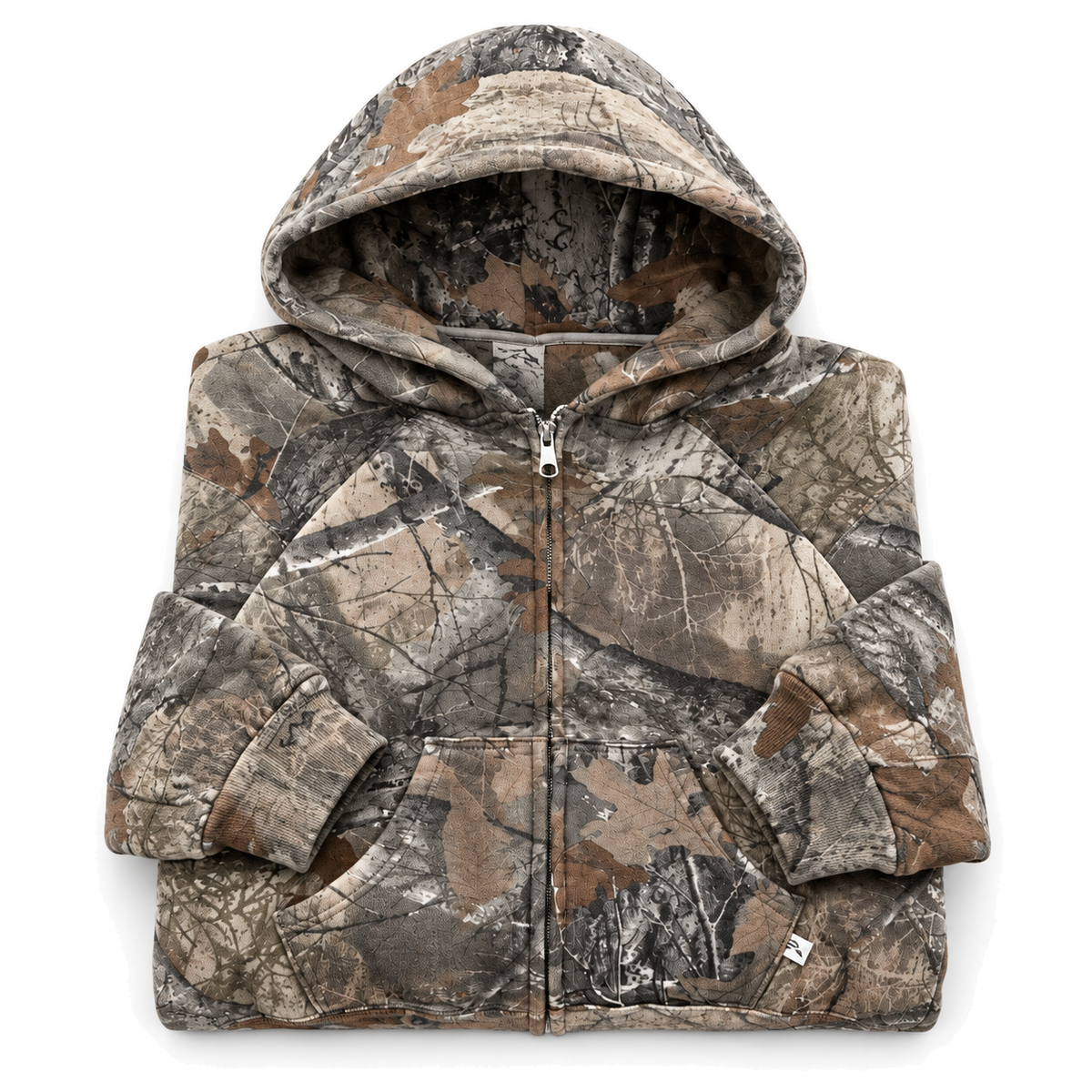 Underbrush Camo Zip Hoodie in woodland camo, fabric and construction detail on white