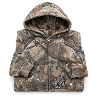 Underbrush Camo Zip Hoodie in woodland camo, fabric and construction detail on white