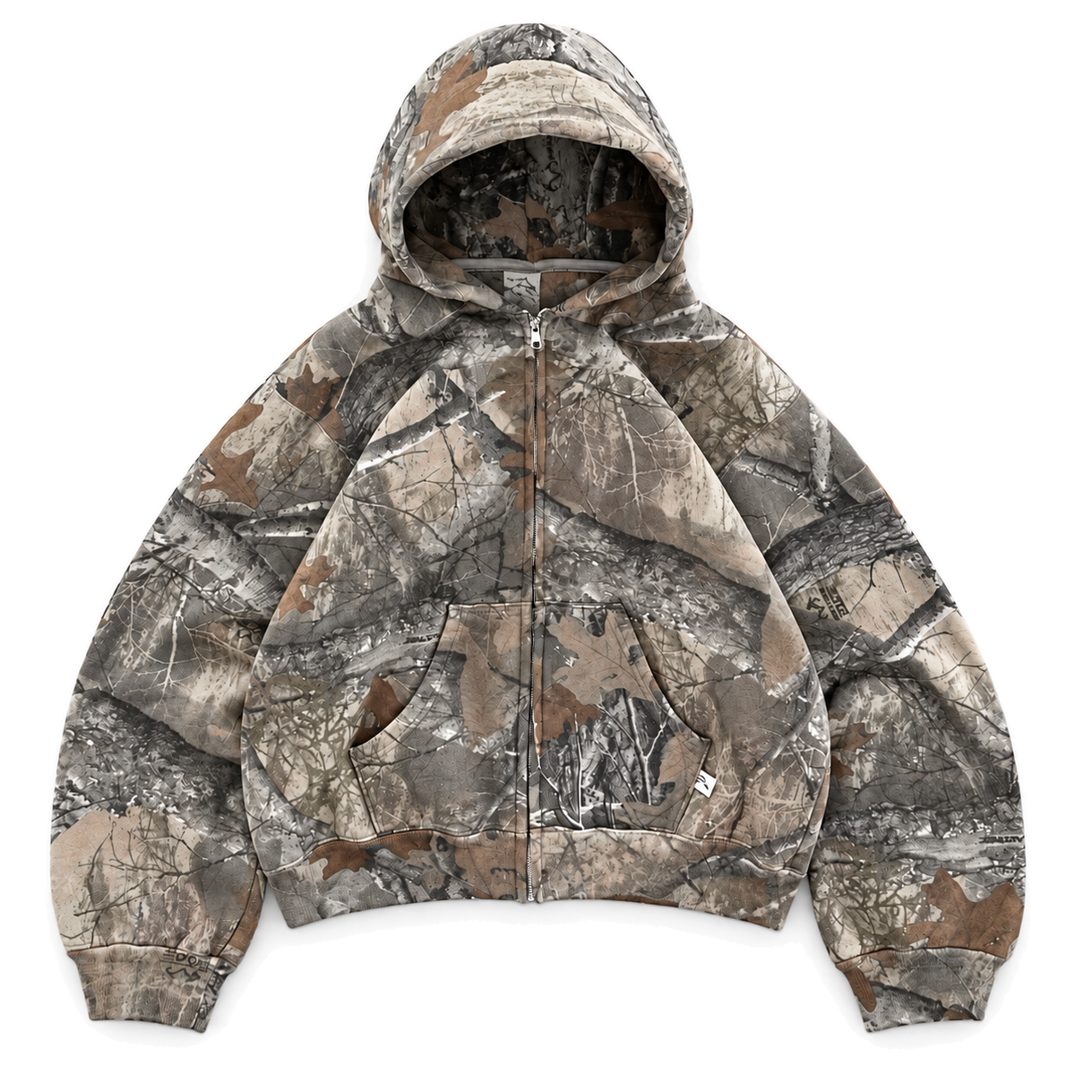 Underbrush Camo Zip Hoodie in woodland camo, front view on white