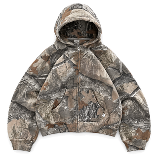 Underbrush Camo Zip Hoodie in woodland camo, front view on white