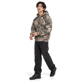 Underbrush Camo Zip Hoodie in woodland camo, full-body model in a natural fashion pose on white