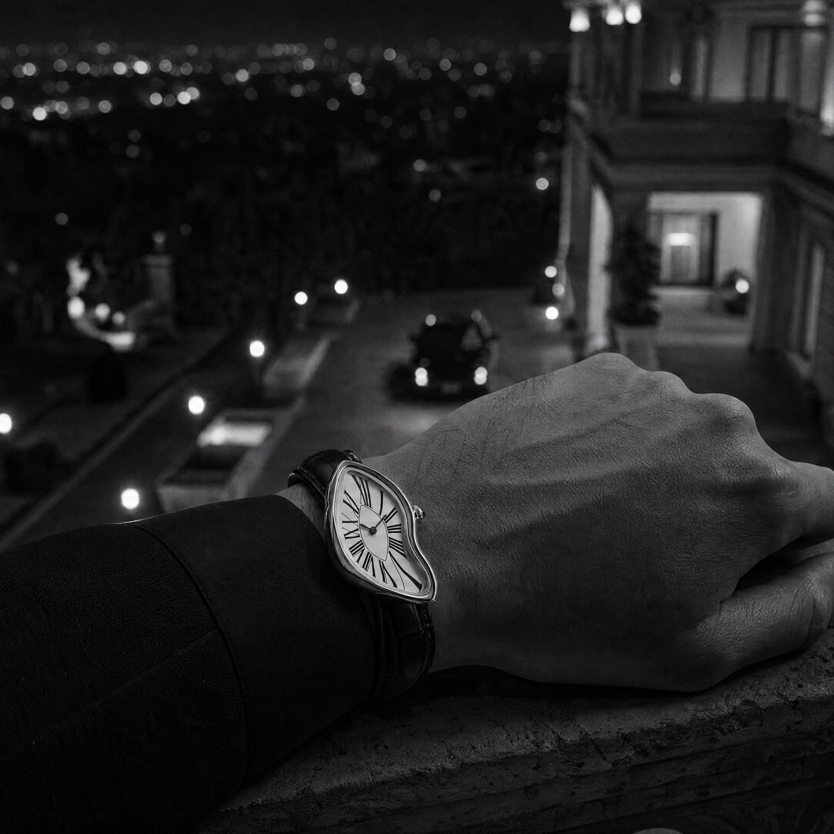 Black and white balcony closeup with the watch