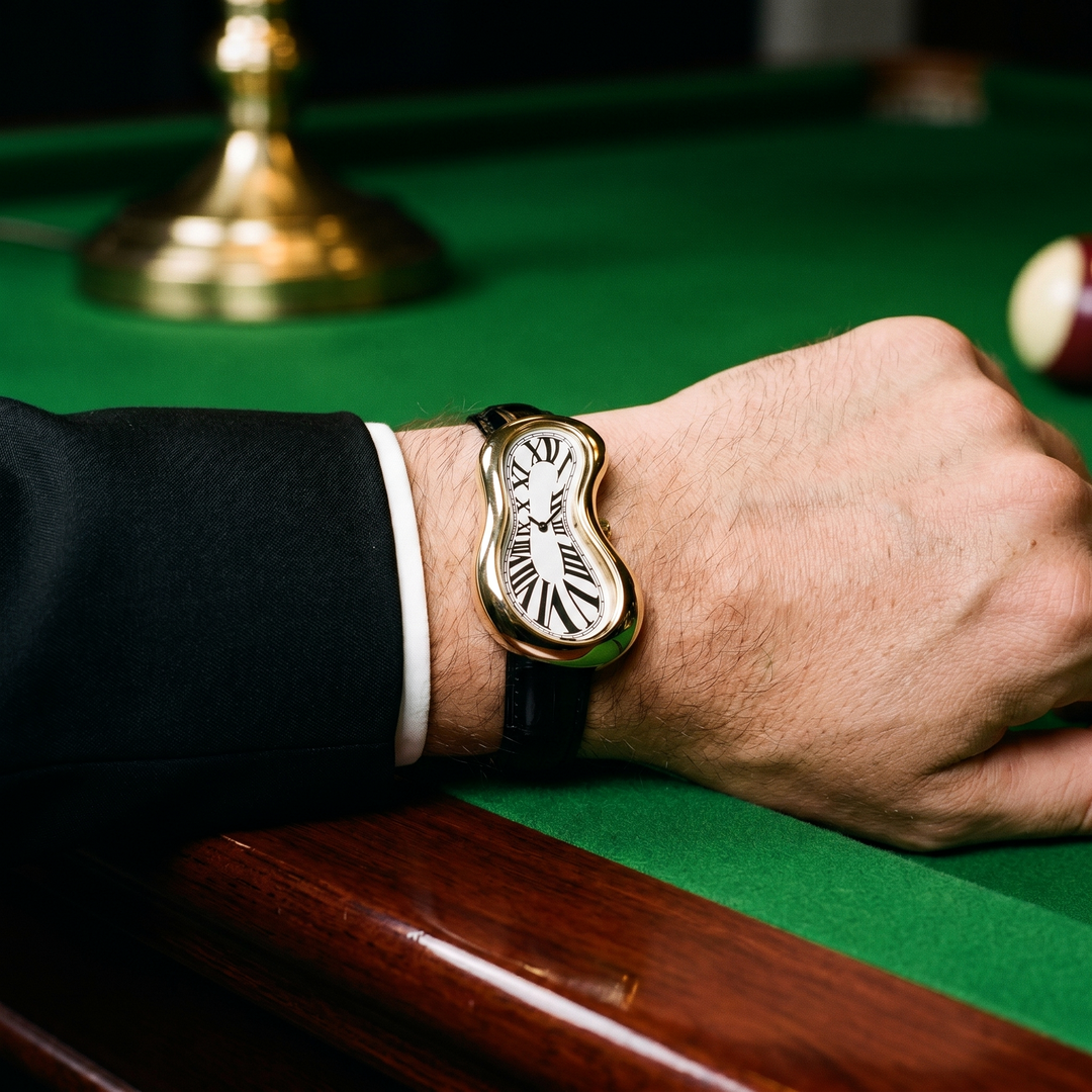 Gold warped Ombré Noir watch styled over a private billiards table