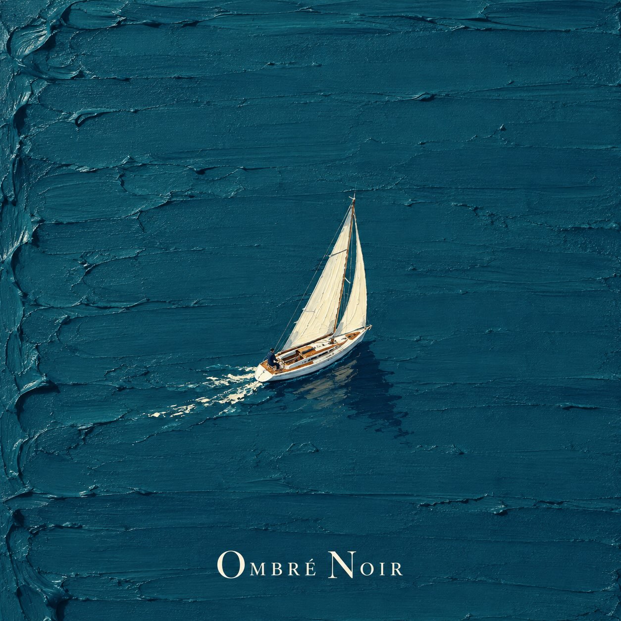 Sailboat crossing a deep blue sea in textured Ombré Noir artwork